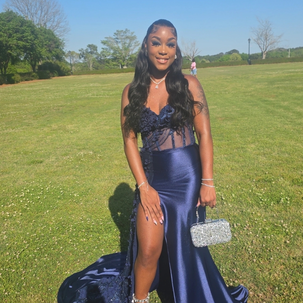 Elegant Navy Satin Prom Dress with Sheer Appliqué Bodice